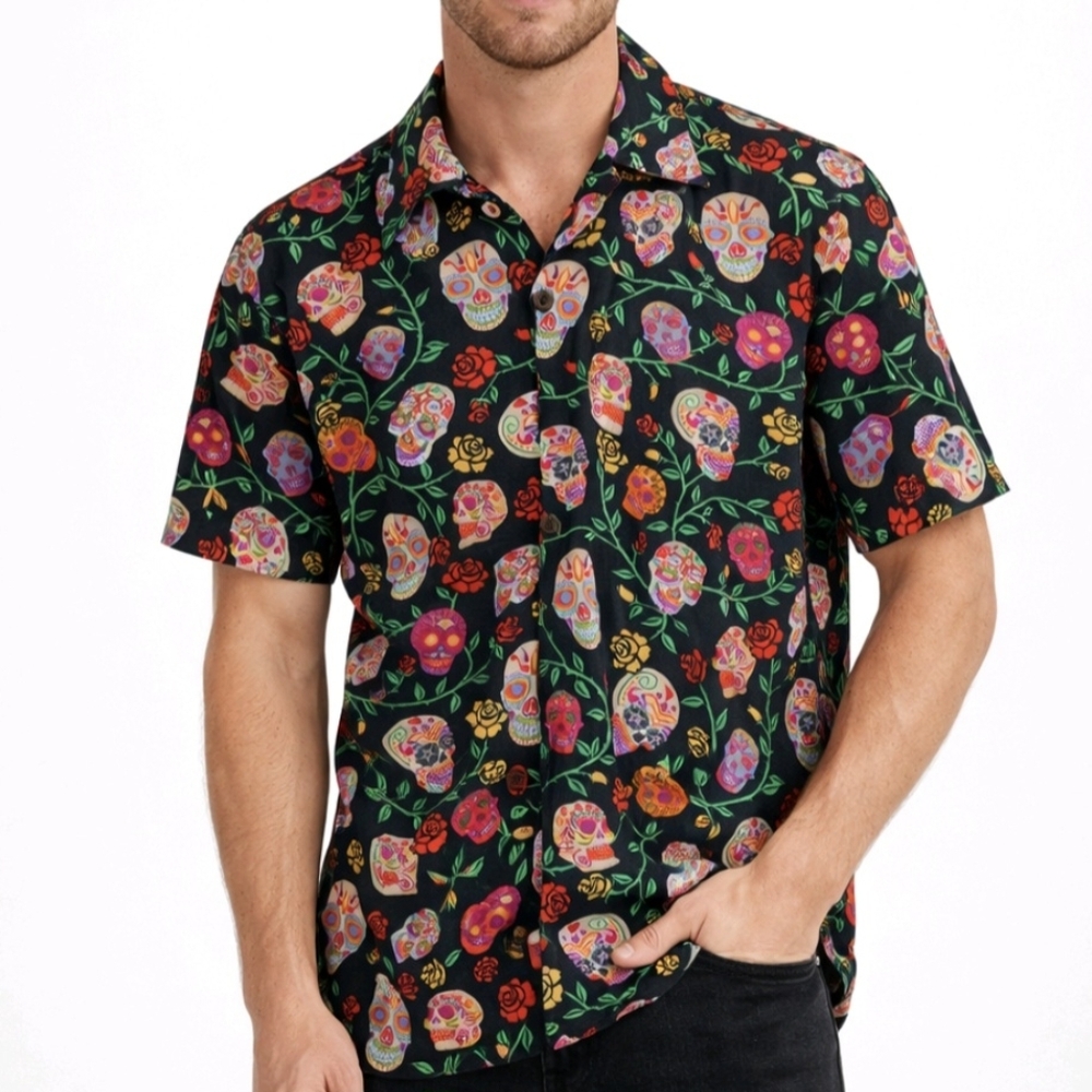 David Carey Men's Shirt Black Sugar Scull Rose Short Sleeve Button Up Size L